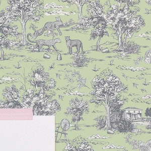 Sage Toile wallpaper - Peel and Stick Wallpaper or Non Pasted Wallpaper / Plant and tree Removable wallpaper / Green self-adhesive wallpaper