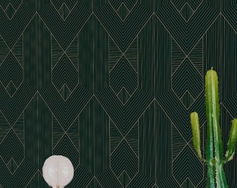 Green Art Deco Peel and Stick Wallpaper / Bold and Dark - Geometric Chevron Striped Peel & Stick Fabric, Vinyl, or Non-Pasted / Custom Size