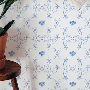Love Shack Garden Party wallpaper - Peel and Stick Wallpaper or Non Pasted Wallpaper / Floral Removable wallpaper / Blue and white wallpaper