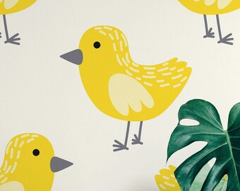 Cute Birdie wallpaper - Peel and Stick Wallpaper or Non Pasted Wallpaper / Bird Removable wallpaper / Yellow self-adhesive wallpaper