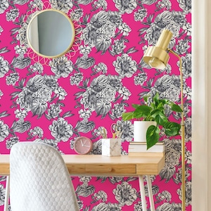 Bright Floral Peel and Stick wallpaper / Bold Removable wallpaper / Hot pink wallpaper - Self-adhesive or Traditional
