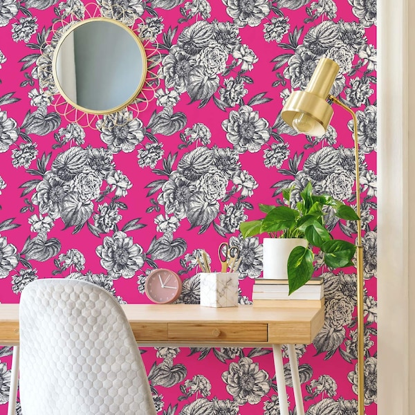 Floral Peel and Stick wallpaper / Fuchsia Flower Removable wallpaper / Bright pink wallpaper - Self-adhesive or Traditional