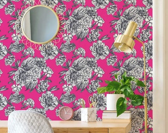 Bright Floral Peel and Stick wallpaper / Bold Removable wallpaper / Hot pink wallpaper - Self-adhesive or Traditional