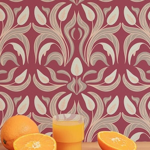 Art Deco Floral wallpaper - Peel and Stick Wallpaper or Non Pasted Wallpaper / Floral Removable wallpaper / Burgundy self-adhesive wallpaper