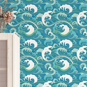 Fancy Waves wallpaper - Peel and Stick Wallpaper or Non Pasted Wallpaper / Fun Removable wallpaper / Blue self-adhesive wallpaper