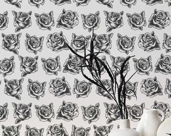Black Roses wallpaper - Peel and Stick Wallpaper or Non Pasted Wallpaper / Floral Removable wallpaper / Black self-adhesive wallpaper
