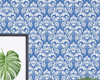 Damask Pattern wallpaper - Peel and Stick Wallpaper or Non Pasted Wallpaper / Vintage Removable wallpaper / Blue self-adhesive wallpaper