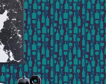 Teal Bottle Silhouettes wallpaper - Peel and Stick Wallpaper or Non Pasted Wallpaper / Fun Removable wallpaper / Teal wallpaper
