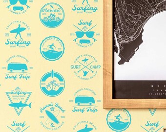 Surf Pattern wallpaper - Peel and Stick Wallpaper or Non Pasted Wallpaper / Fun Removable wallpaper / Yellow self-adhesive wallpaper