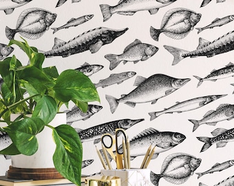 Black and White Fish Wallpaper: Vintage Nautical Design (Peel and Stick or Non Pasted, Custom Colors & Sizes)