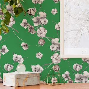 Forest Green Cotton wallpaper - Peel and Stick Wallpaper or Non Pasted Wallpaper / Floral Removable wallpaper / Green wallpaper