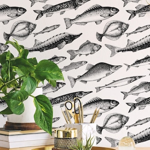 Fish wallpaper Peel and Stick / Custom color Removable wallpaper with fish pattern / Nautical wallpaper - Self-adhesive or Traditional