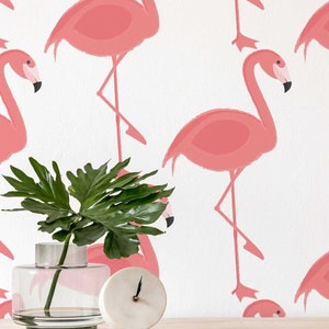 Pink Flamingos wallpaper - Peel and Stick Wallpaper or Non Pasted Wallpaper / Bird Removable wallpaper / Pink self-adhesive wallpaper