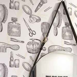 Retro Hairdresser wallpaper - Peel and Stick Wallpaper or Non Pasted Wallpaper / Fun Removable wallpaper / Beige self-adhesive wallpaper