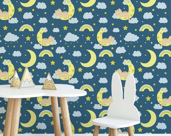Teal Cat Peel and Stick wallpaper / Moon Removable wallpaper / Teal wallpaper - Self-adhesive or Traditional