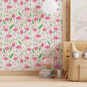 Pink Flamingo Peel and Stick wallpaper / Bird Removable wallpaper / Pink wallpaper - Self-adhesive or Traditional