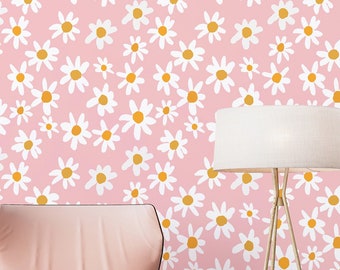Daisies On Plain Pink wallpaper - Peel and Stick Wallpaper or Non Pasted Wallpaper / Floral Removable wallpaper / Pink wallpaper