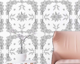 Rose Ornament wallpaper - Peel and Stick Wallpaper or Non Pasted Wallpaper / Floral Removable wallpaper / Black self-adhesive wallpaper