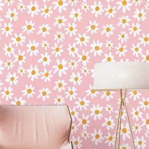 Daisies On Plain Pink wallpaper - Peel and Stick Wallpaper or Non Pasted Wallpaper / Floral Removable wallpaper / Pink wallpaper