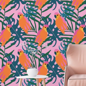Pink Tropical wallpaper - Peel and Stick Wallpaper or Non Pasted Wallpaper / Bird Removable wallpaper / Pink self-adhesive wallpaper