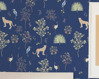 Papel pintado Blue Menagerie - Papel pintado autoadhesivo o sin adhesivo / Papel pintado removible con animales / Papel pintado autoadhesivo azul