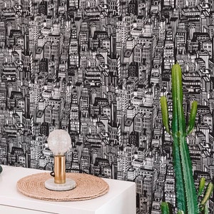 City Peel and Stick wallpaper / Town Removable wallpaper / Black and white wallpaper - Self-adhesive or Traditional