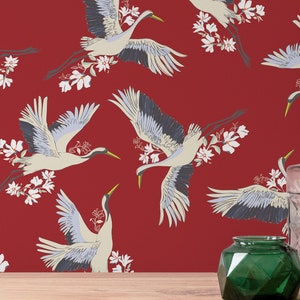Red Crane wallpaper - Peel and Stick Wallpaper or Non Pasted Wallpaper / Bird Removable wallpaper / Red self-adhesive wallpaper