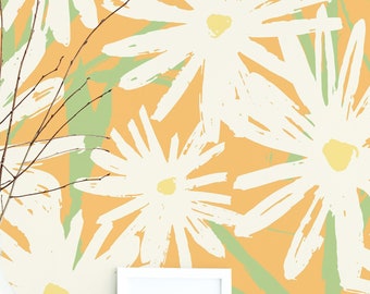 Eclectic Vintage Beauty Room wallpaper - Peel and Stick Wallpaper or Non Pasted Wallpaper / Floral Removable wallpaper / Orange wallpaper