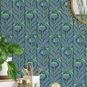 Silkscreen Flowers wallpaper - Peel and Stick Wallpaper or Non Pasted Wallpaper / Floral Removable wallpaper / Green self-adhesive wallpaper