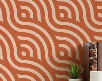 Terracotta Art Deco Waves wallpaper - Peel and Stick Wallpaper or Non Pasted Wallpaper / Geometric wallpaper / Terracotta wallpaper