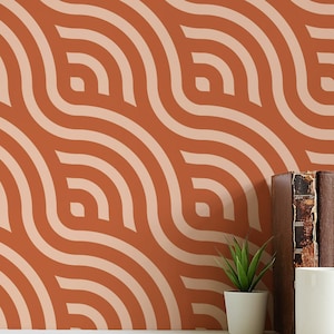 Terracotta Art Deco Waves wallpaper - Peel and Stick Wallpaper or Non Pasted Wallpaper / Geometric wallpaper / Terracotta wallpaper