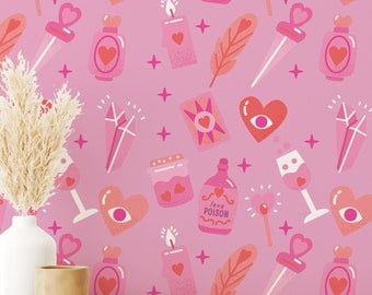 May include: Pink wallpaper with a repeating pattern of hearts, stars, candles, potion bottles, and feathers. The wallpaper is behind a wooden shelf with a white vase and a lamp.