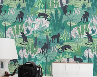 Green Cat Peel and Stick wallpaper / Illustrated Leopard Removable wallpaper / Green tropical wallpaper - Self-adhesive or Traditional