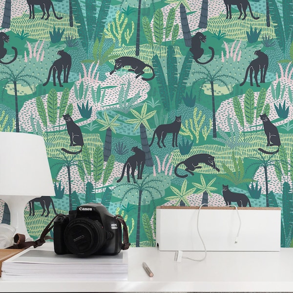 Green Cat Peel and Stick wallpaper / Illustrated Leopard Removable wallpaper / Green tropical wallpaper - Self-adhesive or Traditional
