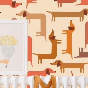 Tapeta Dachsund - samoprzylepna lub bez kleju / Tapeta z psem usuwalna / Beżowa tapeta samoprzylepna