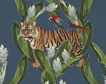 Papel pintado de tigres y pájaros - Papel pintado autoadhesivo o sin adhesivo / Papel pintado removible con motivos de animales / Papel pintado colorido