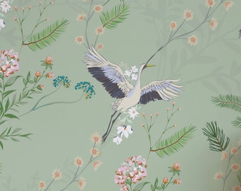 Carta da parati Pine And Birds - Carta da parati staccabile e adesiva o carta da parati non incollata / Carta da parati rimovibile con uccelli / Carta da parati autoadesiva verde