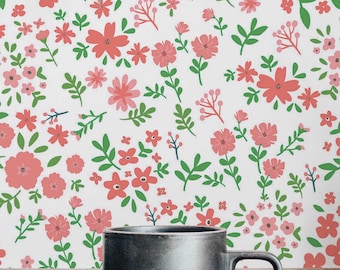 Papel de parede estilo Cottage Core - Papel de parede autoadesivo ou sem cola / Papel de parede floral removível / Papel de parede autoadesivo vermelho