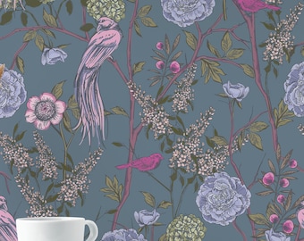 Dusty Blue Peonies wallpaper - Peel and Stick Wallpaper or Non Pasted Wallpaper / Bird Removable wallpaper / Blue self-adhesive wallpaper