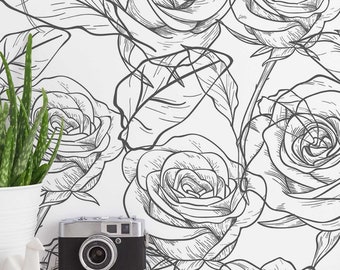 Black And White Roses wallpaper - Peel and Stick Wallpaper or Non Pasted Wallpaper / Floral Removable wallpaper / Black wallpaper
