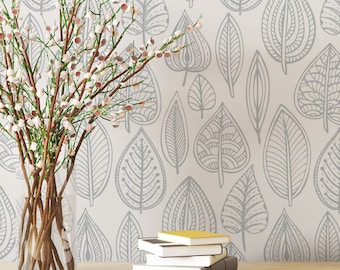 Hand Drawn Leaves Removable wallpaper / Leaf Peel and Stick wallpaper / Farmhouse wallpaper - Self-adhesive or Traditional