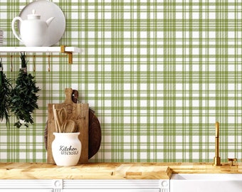 Green Plaid wallpaper - Peel and Stick Wallpaper or Non Pasted Wallpaper / Plaid Removable wallpaper / Green self-adhesive wallpaper