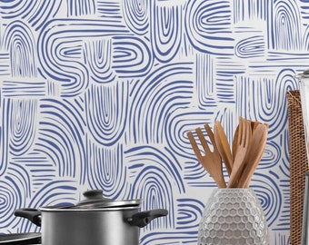 Blue Ink wallpaper - Peel and Stick Wallpaper or Non Pasted Wallpaper / Line art Removable wallpaper / Blue self-adhesive wallpaper