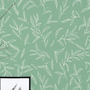 Elegant Leaves wallpaper - Peel and Stick Wallpaper or Non Pasted Wallpaper / Leaf Removable wallpaper / Green self-adhesive wallpaper