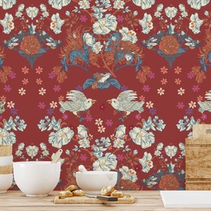 Paradise Birds wallpaper - Peel and Stick Wallpaper or Non Pasted Wallpaper / Floral Removable wallpaper / Red self-adhesive wallpaper