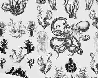 Behang Underwater World - Peel-and-Stick-behang of niet-gelijmd behang / Verwisselbaar visbehang / Zwart-witbehang