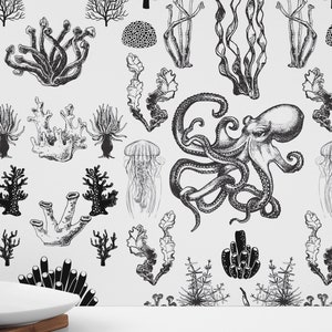 Underwater World wallpaper - Peel and Stick Wallpaper or Non Pasted Wallpaper / Fish Removable wallpaper / Black and white wallpaper