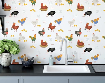 Colorful Chicken Peel and Stick wallpaper / Cute Removable wallpaper / Colorful wallpaper - Self-adhesive or Traditional