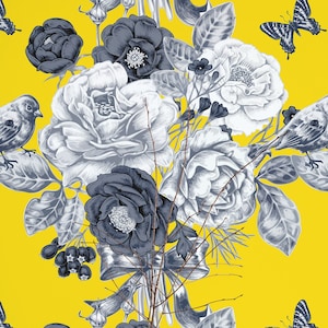 Vintage Floral Beauty Salon wallpaper - Peel and Stick Wallpaper or Non Pasted Wallpaper / Floral Removable wallpaper / Yellow wallpaper