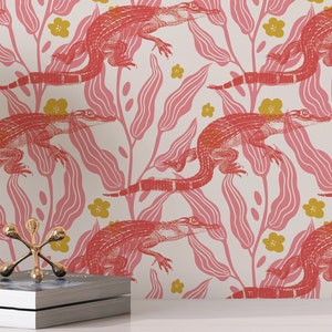 Jungle Crocodile wallpaper - Peel and Stick Wallpaper or Non Pasted Wallpaper / Animal Removable wallpaper / Pink self-adhesive wallpaper